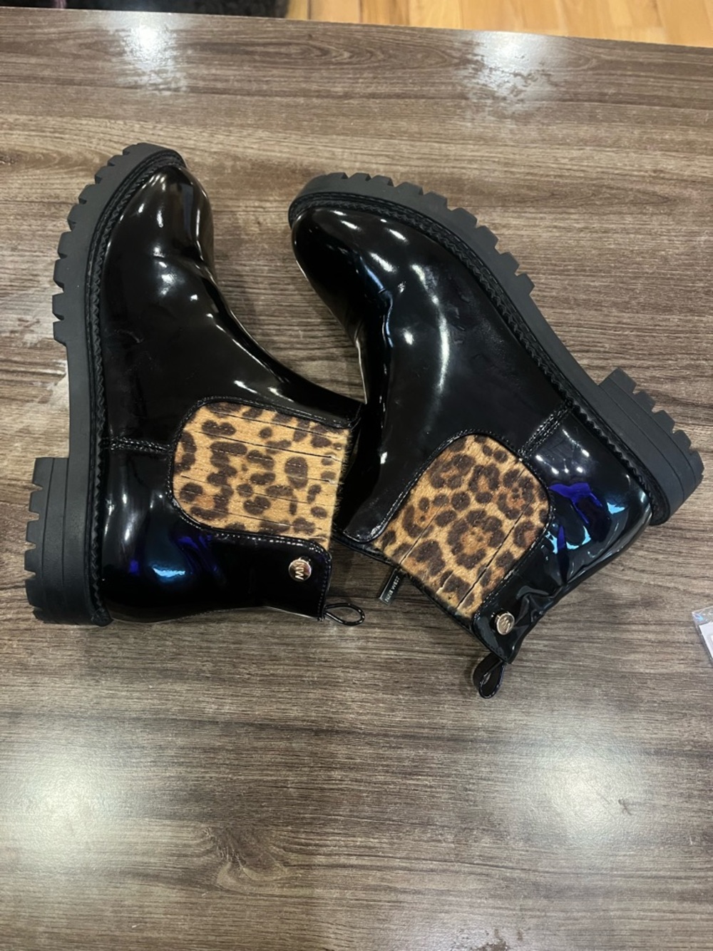 Nine West Black Patent Chelsea Boots with Leopard Panels